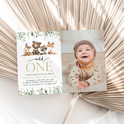 ウッドランド動物，森，ワイルドワン，最初の誕生日 招待状