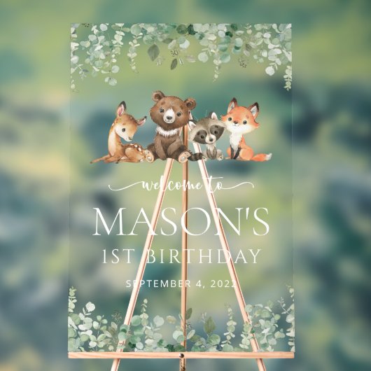 ウッドランド動物,森,最初の誕生日歓迎 アクリルサイン (ニュートラル)