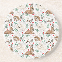 ウッドランド動物、白いクリスマスパターン コースター