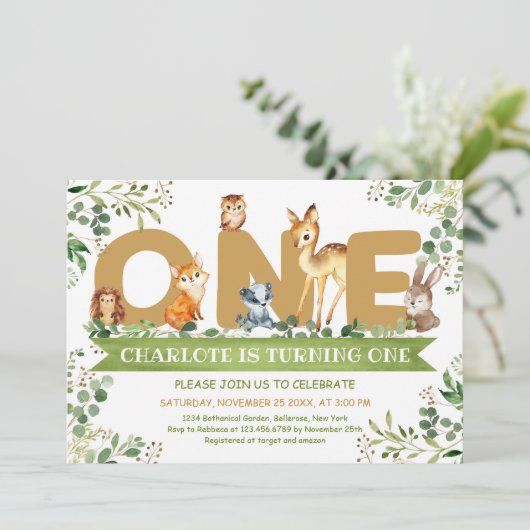 ウッドランド動物ONE緑の少年の誕生日 招待状 (スタンド正面)