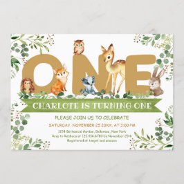ウッドランド動物ONE緑の少年の誕生日 招待状