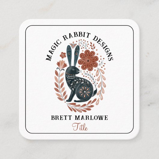 ウッドランド図解入りの、写真付きのフォークアートブラックラビット スクエア名刺 (正面)