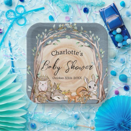 ウッドランド図解入りの、写真付きの森林動物の赤ちゃんシャワー ペーパープレート (パーティー)