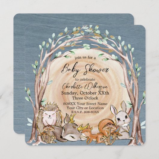 ウッドランド図解入りの、写真付きの森林動物の赤ちゃんシャワー 招待状 (正面/裏面)