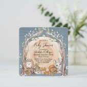 ウッドランド図解入りの、写真付きの森林動物の赤ちゃんシャワー 招待状 (スタンド正面)