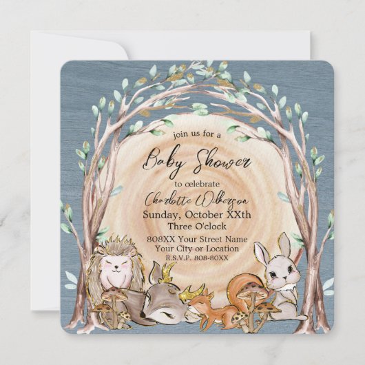 ウッドランド図解入りの、写真付きの森林動物の赤ちゃんシャワー 招待状 (正面)