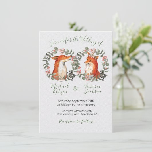 ウッドランド夫妻キツネポートレートリース結婚ズ 招待状 (スタンド正面)