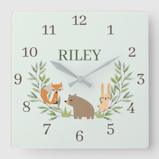 ウッドランド子供部屋動物 スクエア壁時計 (正面)