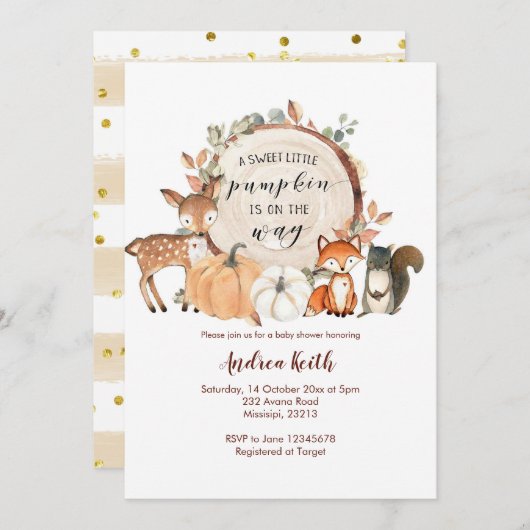 ウッドランド小さなかぼちゃが赤ちゃんシャワーの途中にある 招待状 (正面/裏面)
