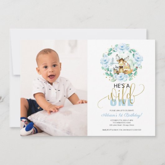 ウッドランド彼はワイルドワンフォトファースト誕生日Invだ 招待状 (正面)