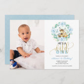 ウッドランド彼はワイルドワンフォトファースト誕生日Invだ 招待状 (正面/裏面)