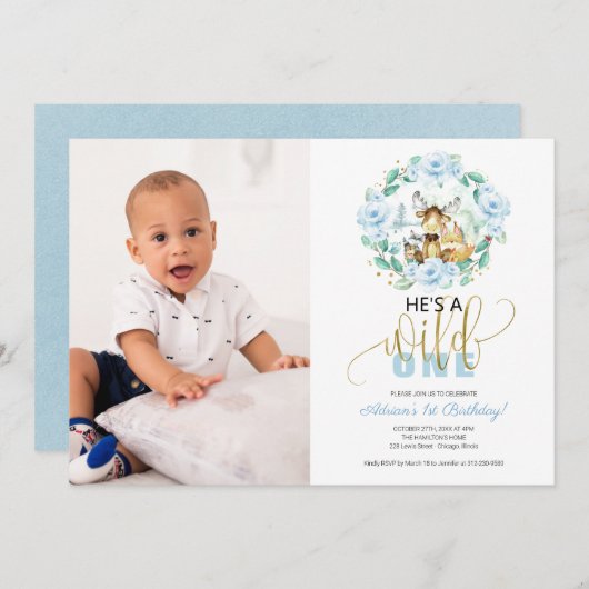 ウッドランド彼はワイルドワンフォトファースト誕生日Invだ 招待状 (正面/裏面)