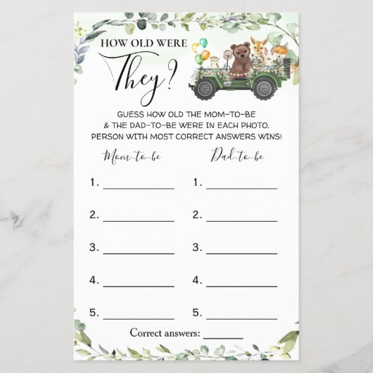 ウッドランド彼らは赤ちゃんシャワーのゲームカード チラシ (正面)