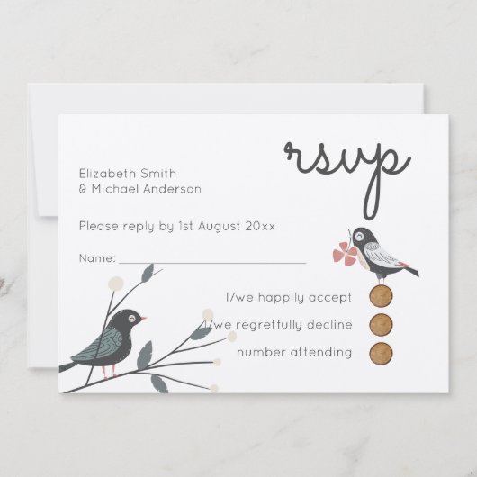 ウッドランド愛の鳥の結婚式RSVPメニュークラフト素朴 招待状 (正面)