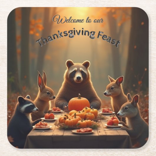 ウッドランド感謝祭パーティーの友人と家族 スクエアペーパーコースター (正面)