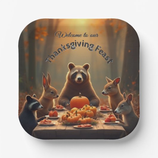 ウッドランド感謝祭パーティーの友人と家族 ペーパープレート (正面)