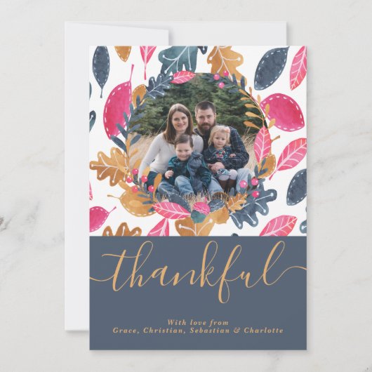 ウッドランド感謝祭写真テンプレートリーフパターン シーズンカード (正面)