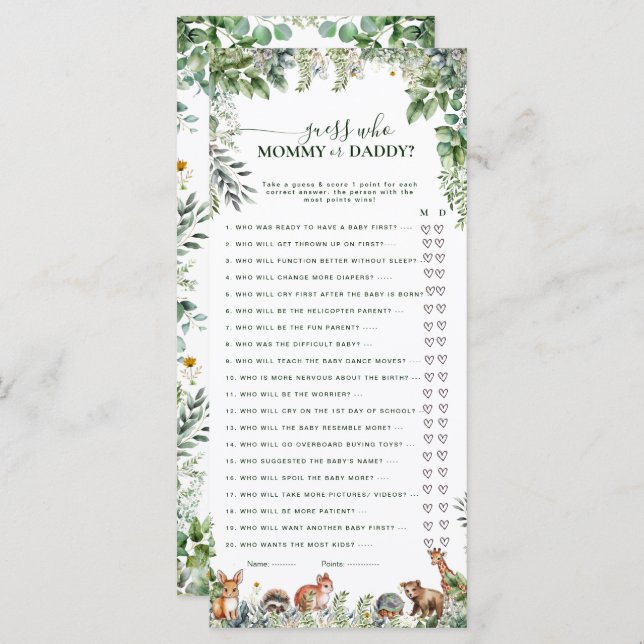 ウッドランド推測ママまたはパパ赤ちゃんシャワーゲーム (正面/裏面)