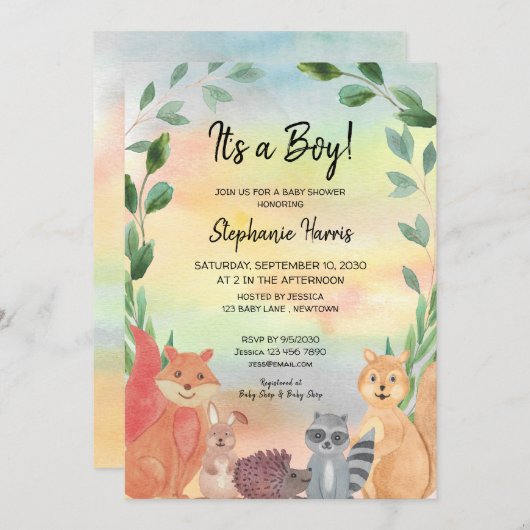 ウッドランド森の友だち赤ちゃんシャワー 招待状 (正面/裏面)