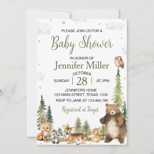 ウッドランド森林かわいい動物の赤ちゃんシャワー 招待状 (正面)