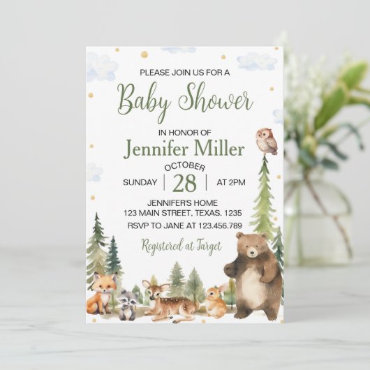 ウッドランド森林かわいい動物の赤ちゃんシャワー 招待状 (スタンド正面)