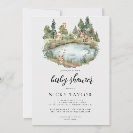 ウッドランド森林かわいい動物の赤ちゃんシャワー 招待状 (正面)