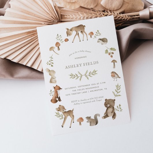 ウッドランド森林の生き物ベビーシャワー 招待状