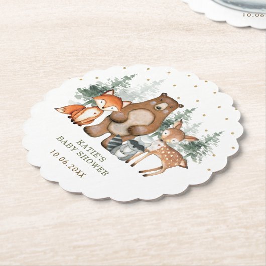 ウッドランド森林の緑のケーキのトップシャワーの好意 ペーパーコースター (アングル)