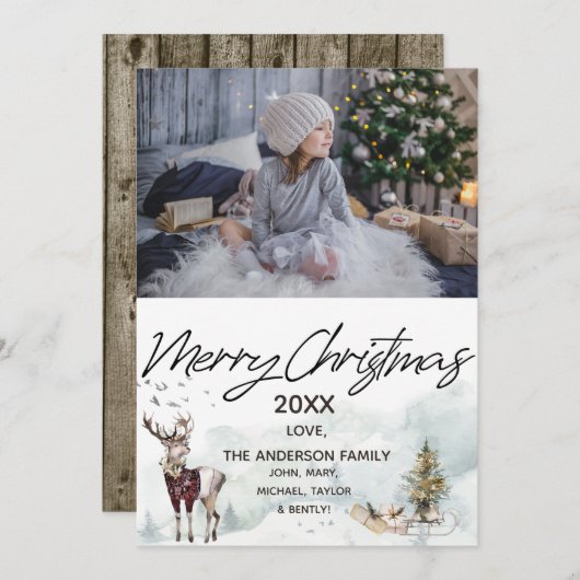 ウッドランド森林の群れ鹿の写真メリークリスマス シーズンカード (正面/裏面)