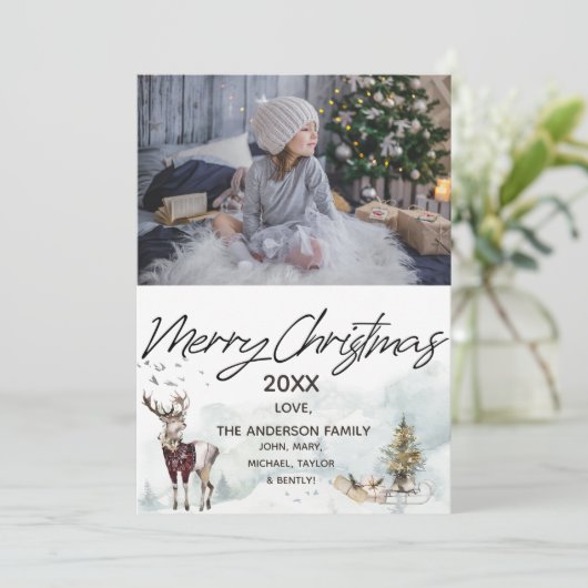 ウッドランド森林の群れ鹿の写真メリークリスマス シーズンカード (スタンド正面)