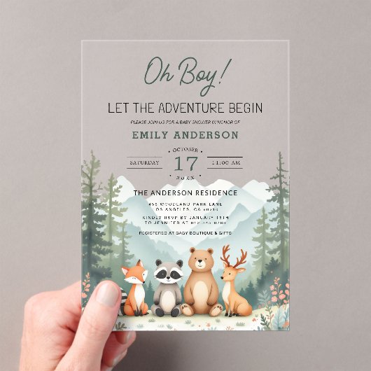 ウッドランド森林の赤ちゃんシャワーを冒険を開始 アクリル招待状 (インサイチュ (ポータブル))