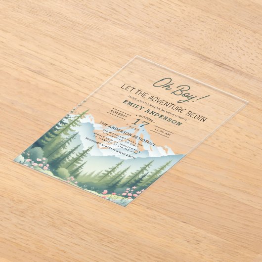 ウッドランド森林の赤ちゃんシャワーを冒険を開始 アクリル招待状 (レイダウン)