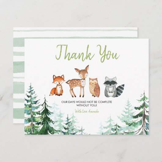 ウッドランド森林の赤ちゃんシャワー サンキューカード (正面/裏面)