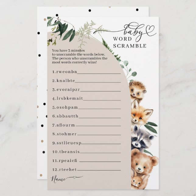 ウッドランド森林ベビーシャワースクランブルゲーム (正面/裏面)