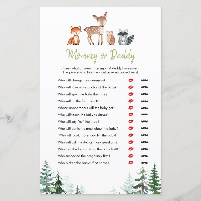 ウッドランド森林ベビーシャワーママまたはパパのゲーム (正面)