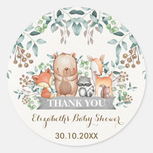 ウッドランド森林動物ありがとうステッカー好意 ラウンドシール (正面)