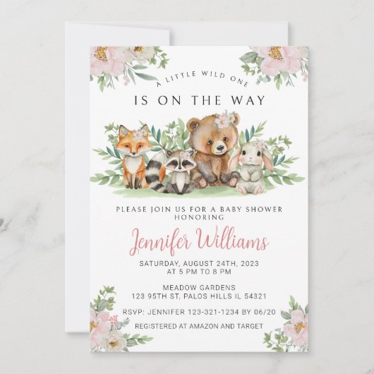 ウッドランド森林動物の女の子の赤ちゃんシャワー 招待状 (正面)