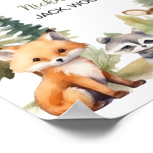 ウッドランド森林動物の最初の年のマイルストーンのサイン ポスター (角)