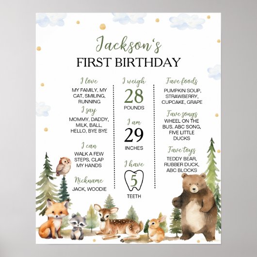 ウッドランド森林動物の最初の年のマイルストーンのサイン ポスター (正面)