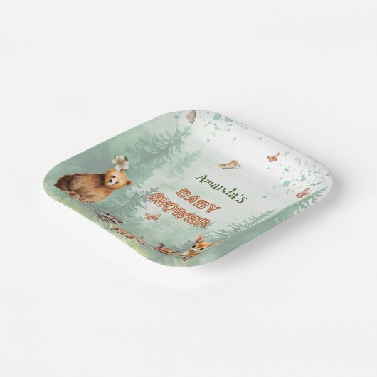 ウッドランド森林動物の植物性ベビーシャワー ペーパープレート (傾斜あり)