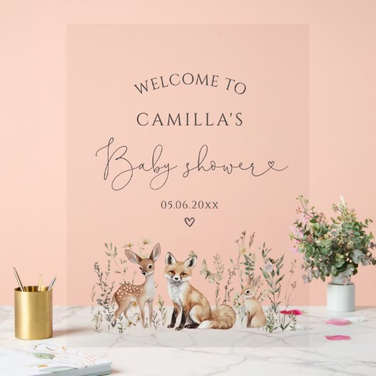 ウッドランド森林動物の赤ちゃんシャワーへようこそ アクリルサイン (ウェディング)