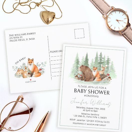 ウッドランド森林動物の赤ちゃんシャワーポストカード 案内ポストカード