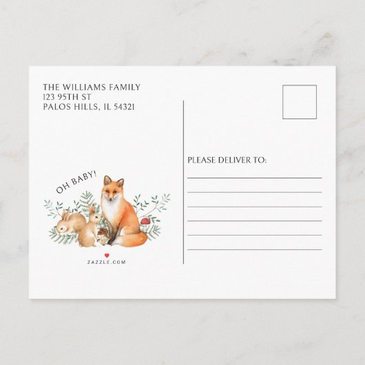 ウッドランド森林動物の赤ちゃんシャワーポストカード 案内ポストカード (裏面)