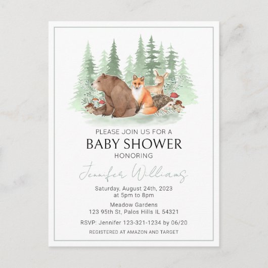 ウッドランド森林動物の赤ちゃんシャワーポストカード 案内ポストカード (正面)