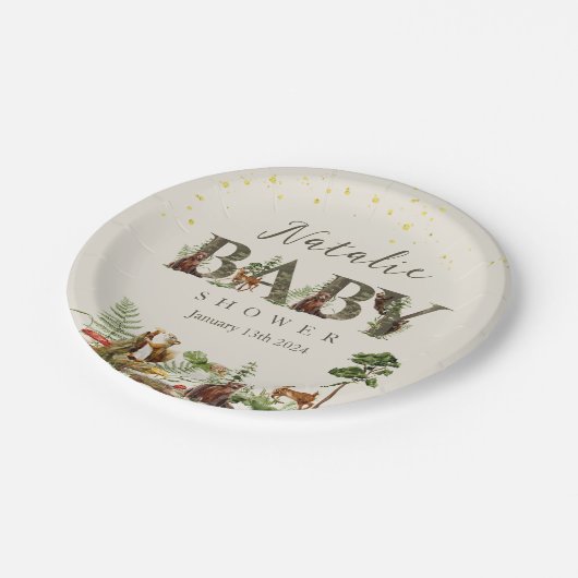 ウッドランド森林動物の赤ちゃんシャワー歓迎サイン ペーパープレート (アングル)