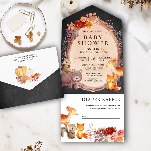 ウッドランド森林動物の黒板ベビーシャワー オールインワン招待状