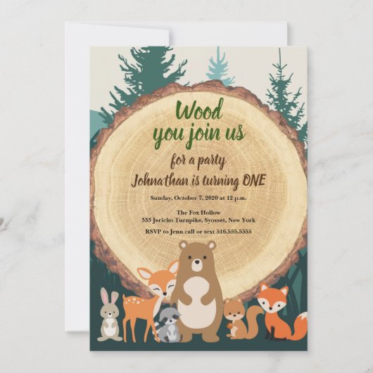ウッドランド森林動物は木を切った最初の誕生日 招待状 (正面)