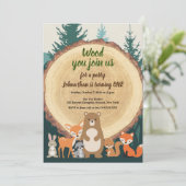 ウッドランド森林動物は木を切った最初の誕生日 招待状 (スタンド正面)