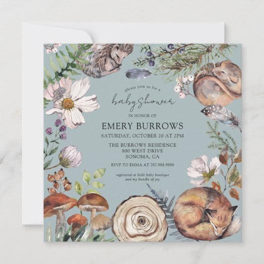 ウッドランド森林動物ほこりっぽい青い赤ちゃんシャワー 招待状 (正面)