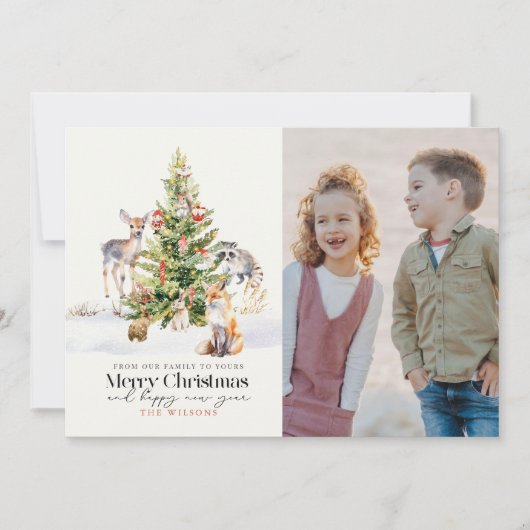 ウッドランド森林動物クリスマスツリー写真 シーズンカード (正面)